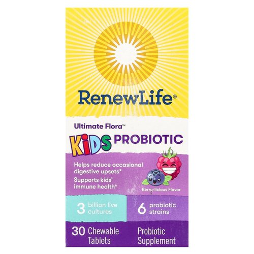 Renew Life, Ultimate Flora, пробиотик для детей, со вкусом ягод, 3 млрд живых культур, 30 жевательных таблеток