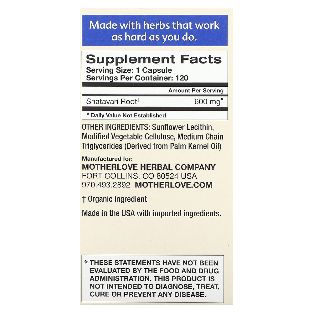 Motherlove, Кормление грудью, шатавари, 600 мг, 120 жидких капсул