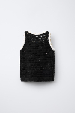 ZARA ТРИКОТАЖНЫЙ ТОП С ПАЙЕТКАМИ, ЧЕРНЫЙ