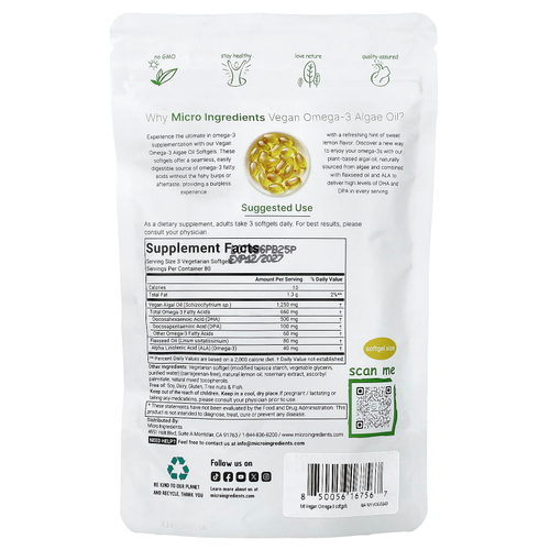 Micro Ingredients, веганское масло из водорослей с омега-3, лимон, 240 вегетарианских капсул