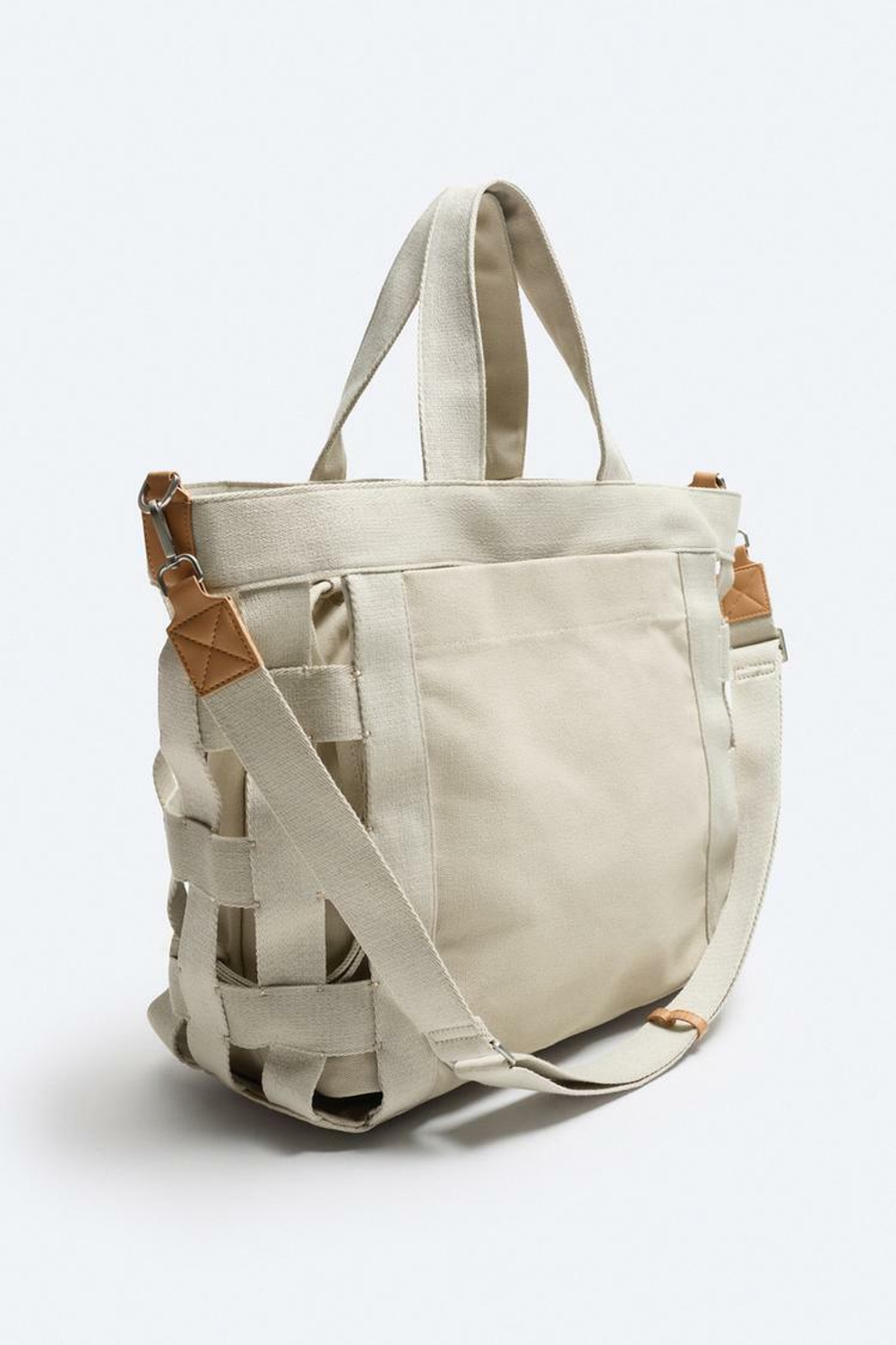 ZARA ПЛЕТЕНАЯ ХОЛЩОВАЯ СУМКА-ШОПЕР, БЕЛЫЙ ЭКРЮ