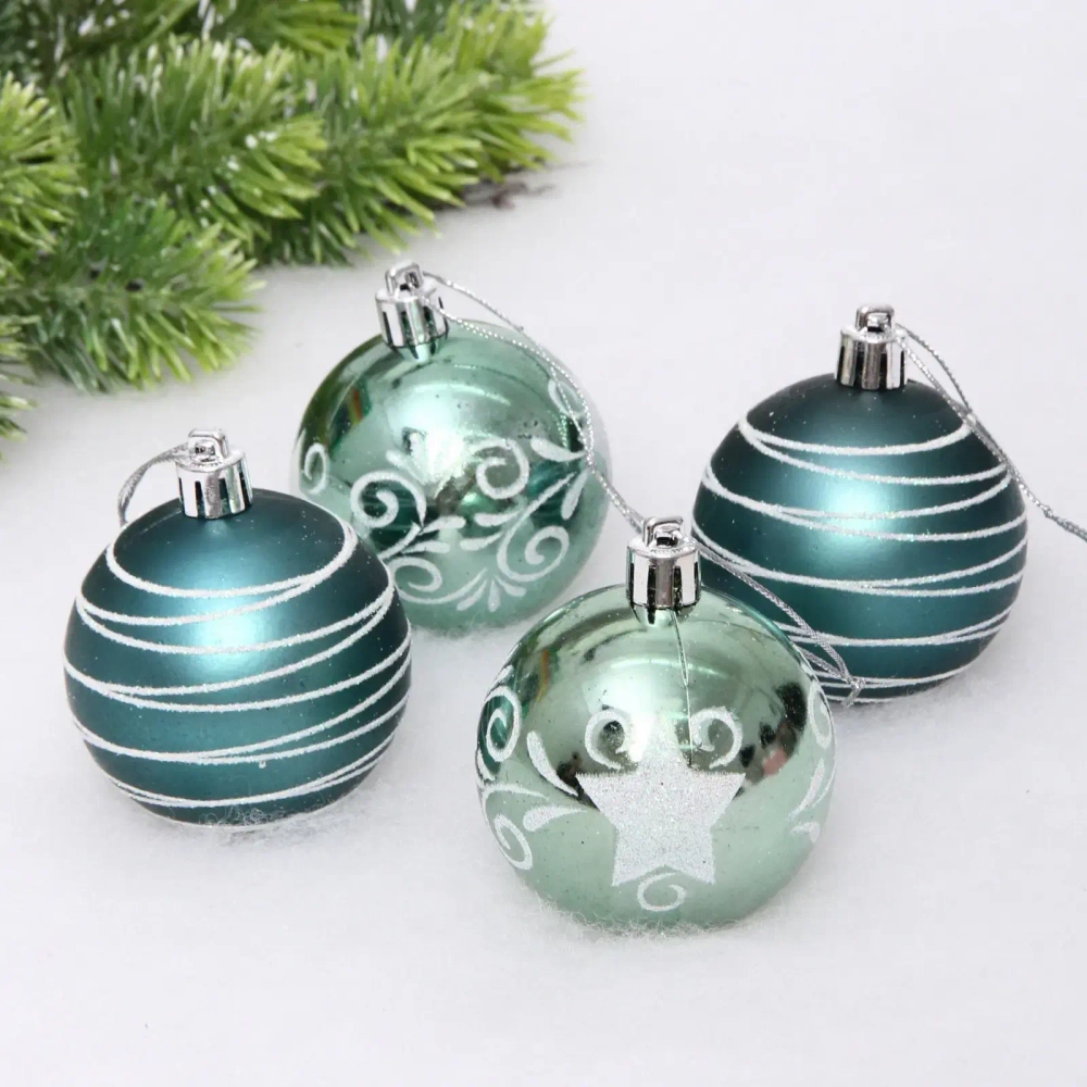 Новогодние шары 6 см (набор 4 шт) «Снежная дымка», Темный нефрит