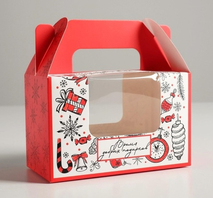 Коробка для капкейков на 2шт "Время добрых подарков" с окном 16х10х8 см