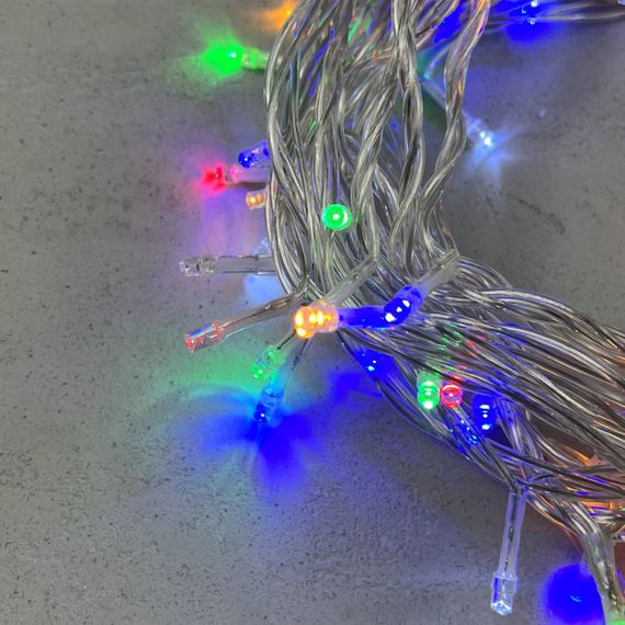 Светодиодная нить 100 разноцветных LED ламп с мерцанием, 10 м., 24В, прозрачный провод ПВХ, LTC (PST100BLW-10-1M)