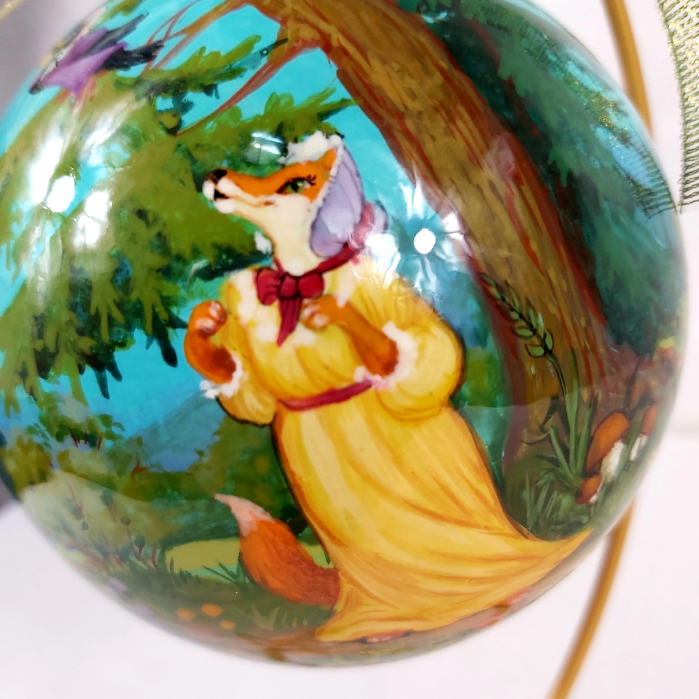 Коллекционный шар новогодний (круговая роспись Палех) "Ворона и лисица"  в коробке