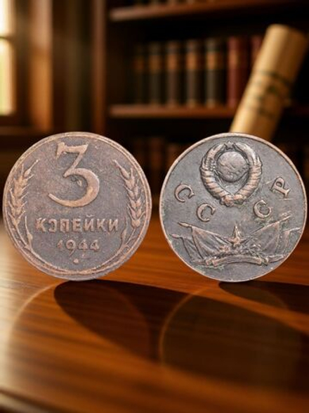 3 копейки 1944 года Знамёна Знамя. Проба СССР. Копия пробной советской монеты медь патина