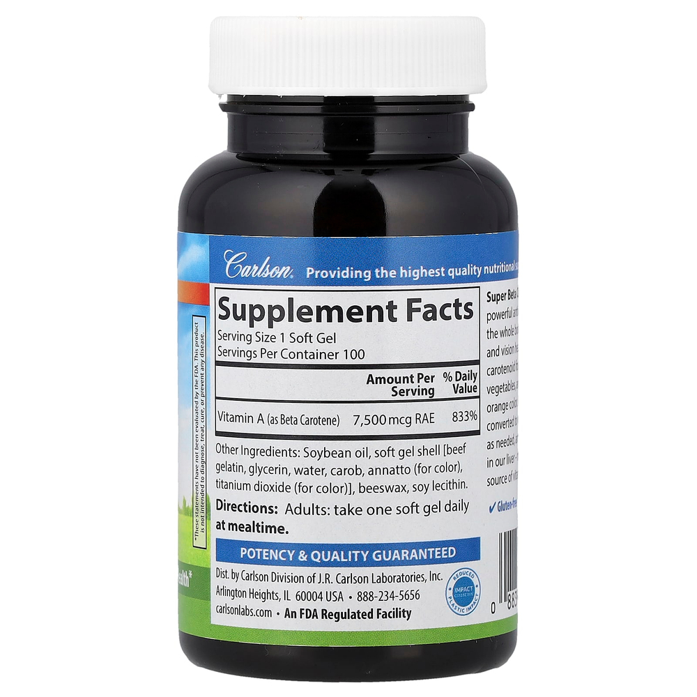 Carlson, Супер бета-каротин, 7500 мкг RAE (25000 МЕ), 100 мягких таблеток