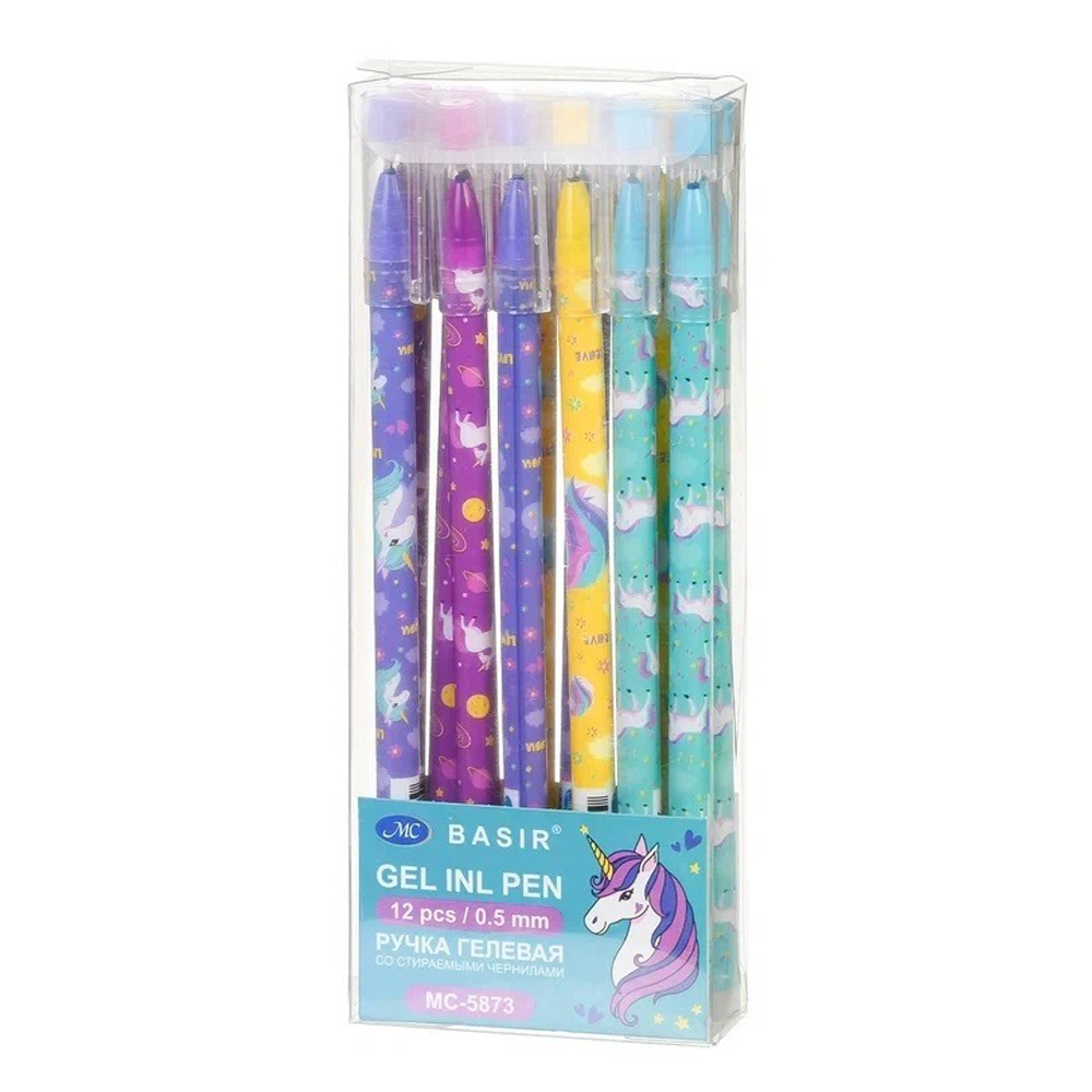 Ручка гелевая, пиши-стирай, Basir, синие чернила, серия "Единорог", 4 цвета корпуса, 12 шт