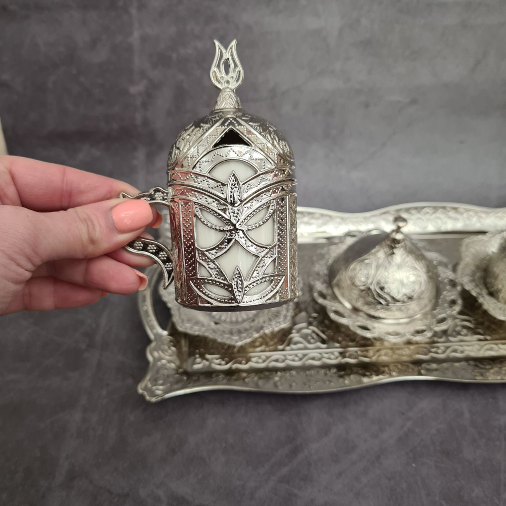Кофейный набор "Lale" на 2 персоны с лукумницей и подносом/ACAR. Турция (серебристый)