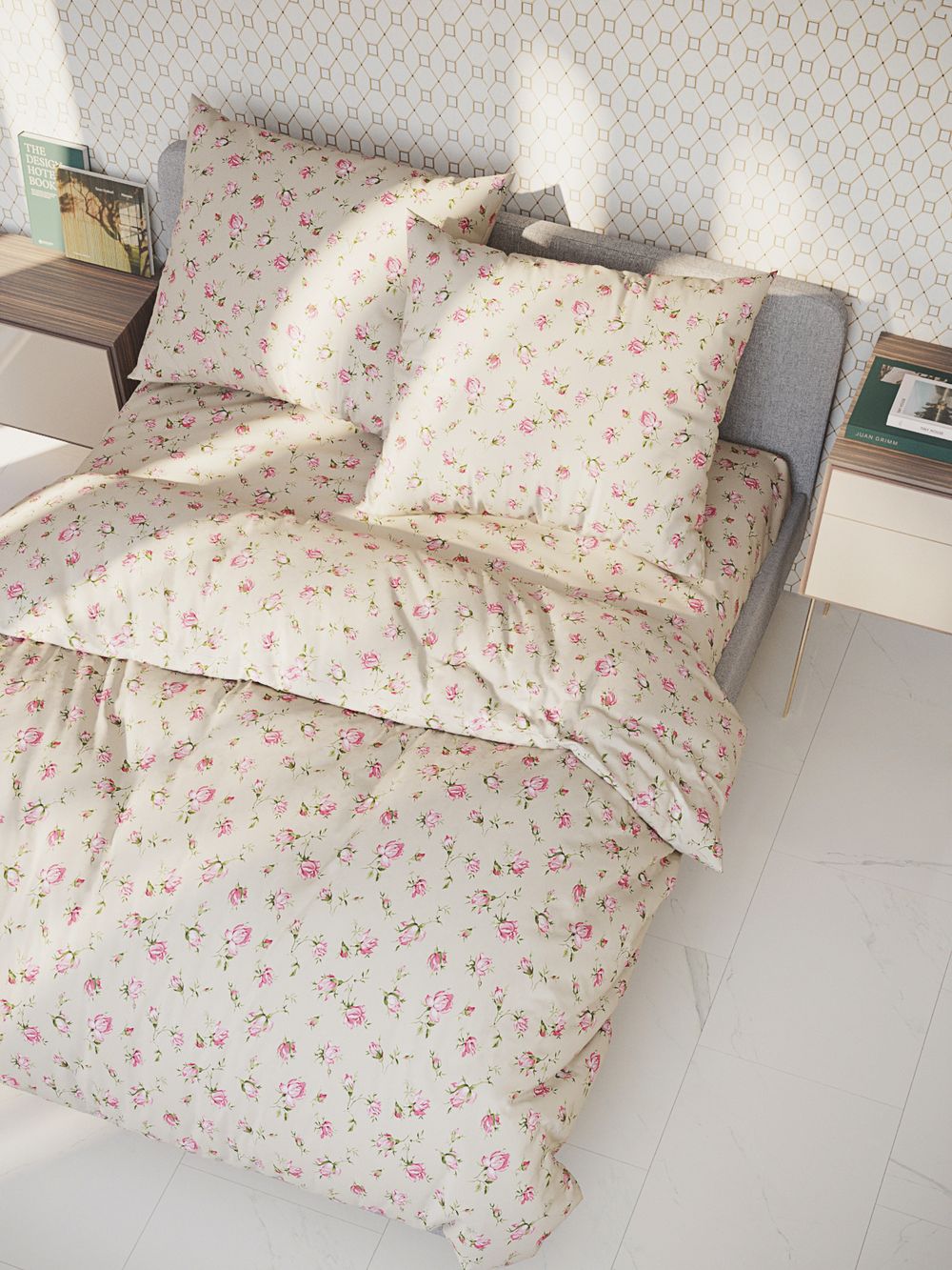 Наволочка комплект 2шт перкаль Сказка "Розовые бутоны на бежевом" 40x60 см на молнии