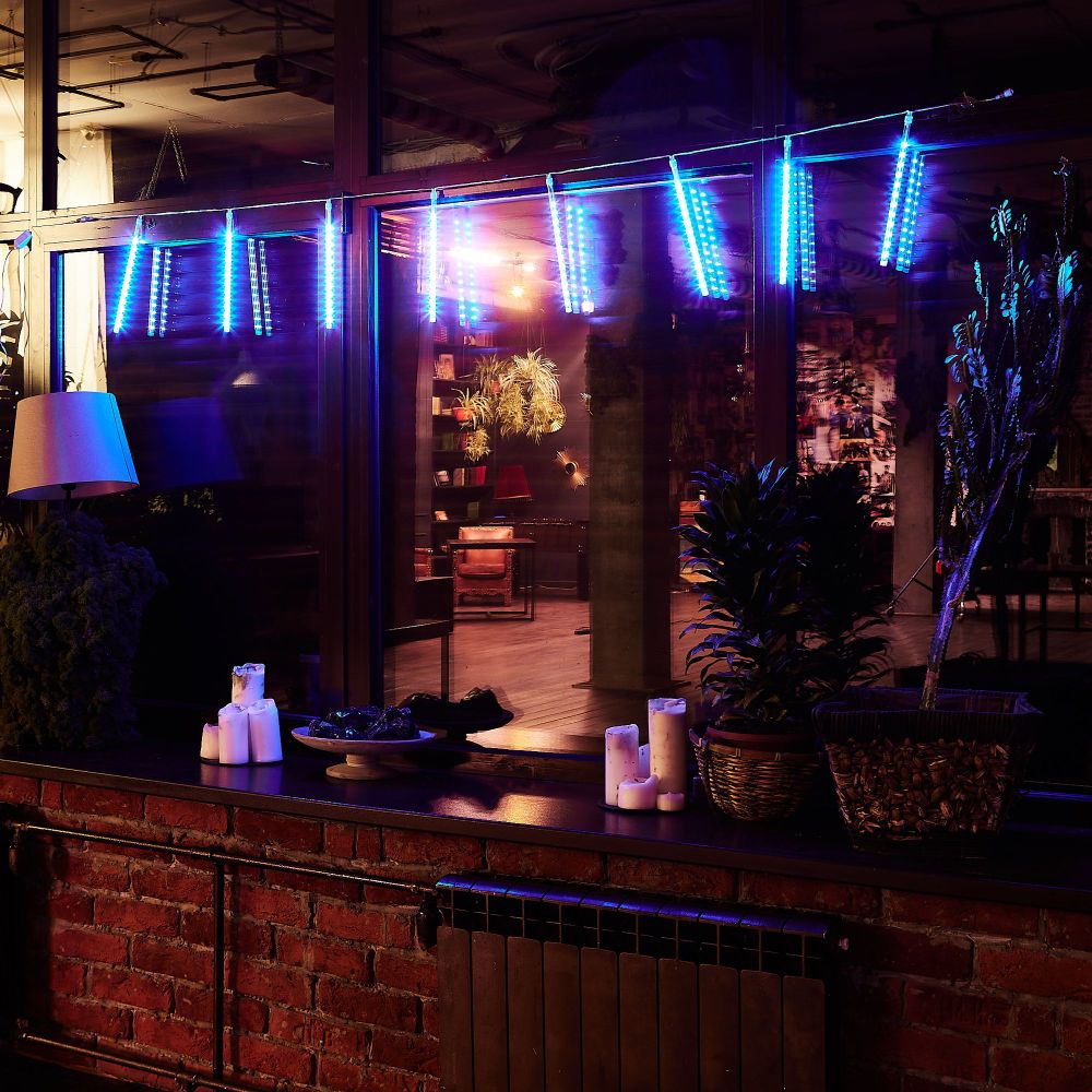 ULD-E2403-144-DTK BLUE IP44 METEOR Занавес светодиодный фигурный Падающие звезды. соединяемый. 2х0.3м. 8 подвесов. Синий свет. Провод прозрачный. TM Uniel.