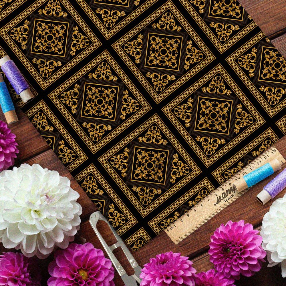 Ткань габардин золотой восточный узор на чёрном фоне