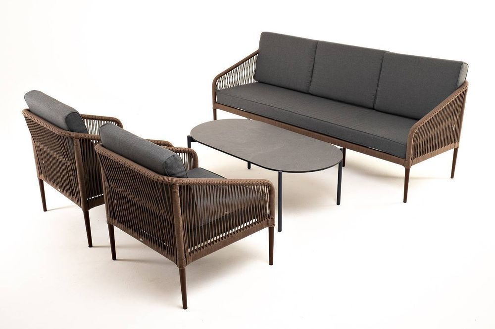 "Канны" лаунж-зона 5-местная из роупа со столом "Верона" (серый гранит), каркас алюминиевый коричневый, роуп коричневый