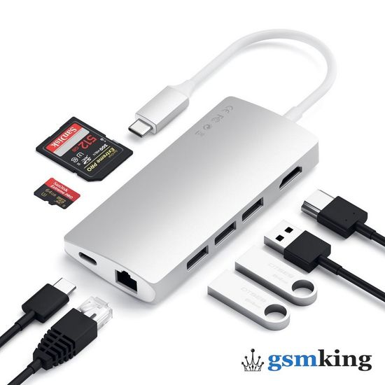 Satechi Type-C Multi-Port Adapter 4K with Ethernet V2 (USB-C PD to 3 x USB 3.0 ports + SD card slot + Micro SD card + Gigabit Ethernet + 4K HDMI) Silver ST-TCMA2S