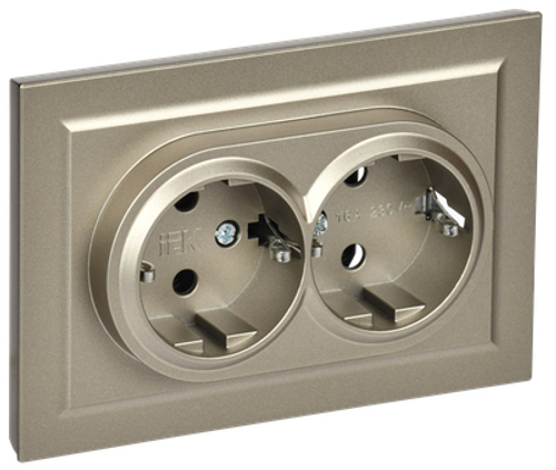 BRITE Розетка 2-местная с заземлением с защитными шторками 16А в сборе РСш12-3-БрШ шампань IEK