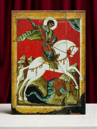 Икона Святой Великомученик Георгий Победоносец. Чудо Георгия о змие. Деревянная икона на левкасе