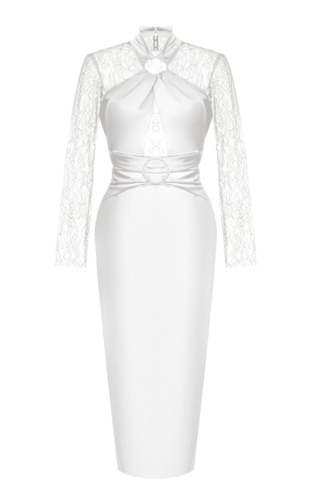 Платье миди из сатина и кружева драпированное с кольцом и пряжкой