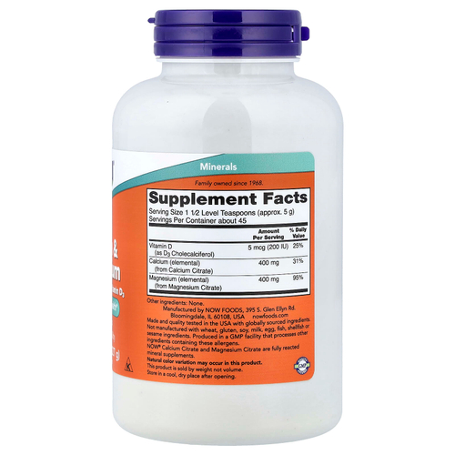 NOW Foods, кальций, магний с витамином D3, 227 г (8 унций)