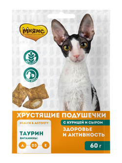 Лакомство Мнямс "Здоровье и активность" хрустящие подушечки для кошек с курицей и сыром 60 г