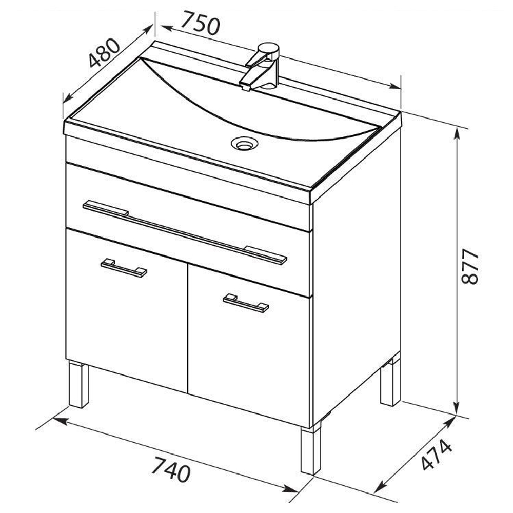 Тумба с раковиной Aquanet Верона NEW 75 белый (напольная 1 ящик 2 дверцы)