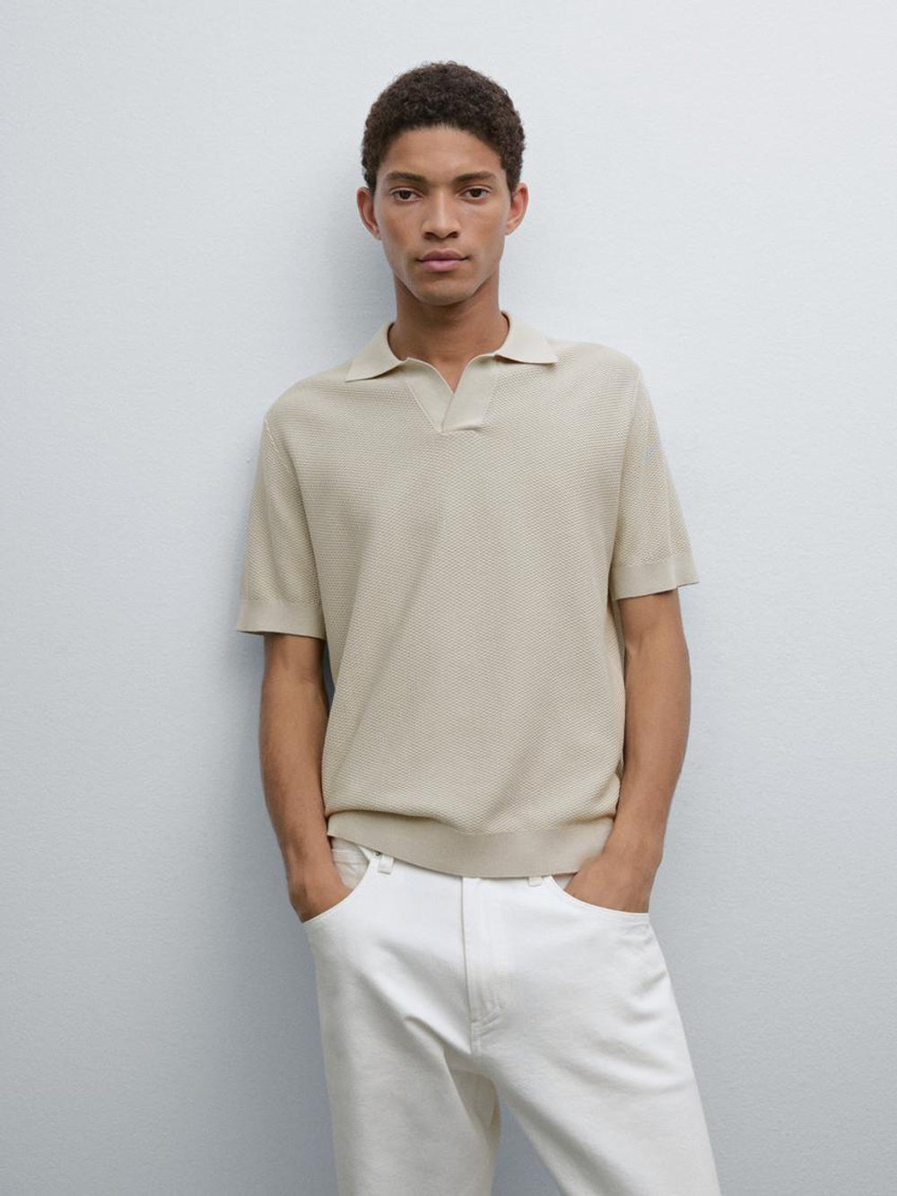 Massimo Dutti Поло из трикотажа с коротким рукавом и фактурной отделкой, зеленый