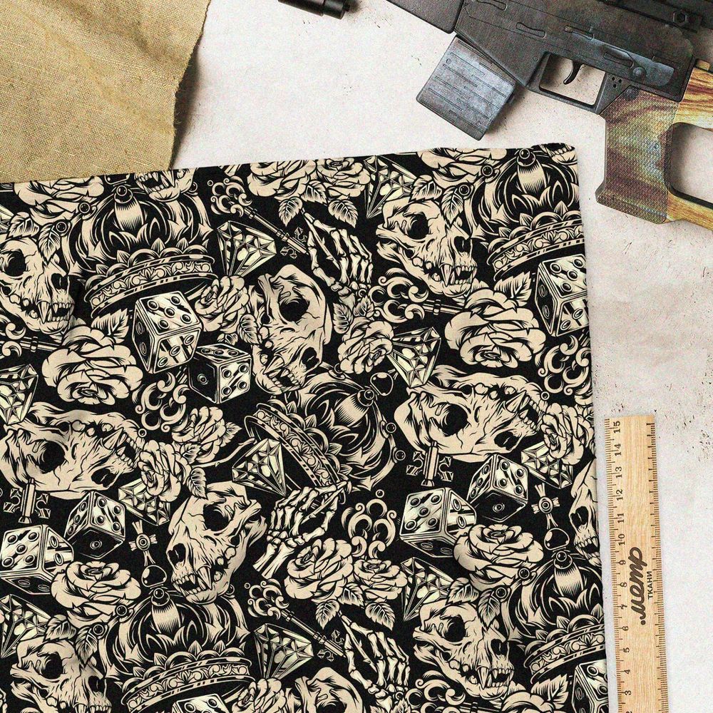 Ткань блэкаут чёрно-белые кости, розы, бриллианты и короны