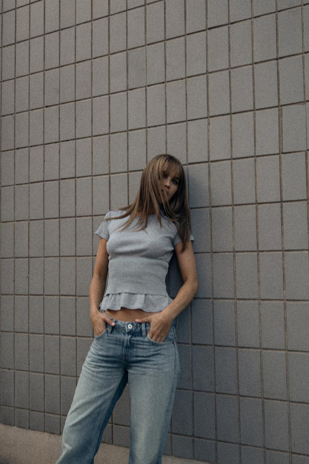 ZARA ФУТБОЛКА С ДВОЙНЫМ ТРИКОТАЖНЫМ КОРСЕТОМ, СЕРЫЙ МЕЛАНЖ