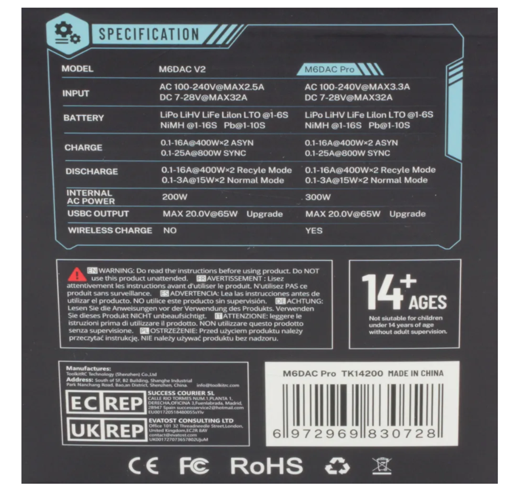 Зарядное устройство ToolkitRC M6DAC V2 PRO (двухканальное, AC/DC, 200/800 Вт)