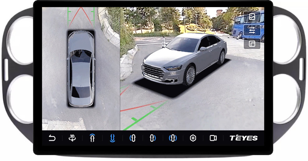 Магнитола для Volkswagen Tiguan 1 2011-2016 (аварийка прямоугольная, рамка чёрная 9) - Teyes CC3-2K-360 монитор 13" 2K QLED на Android 10, 6Гб+128Гб, CarPlay, 4G SIM-слот, 4 камеры в комплекте