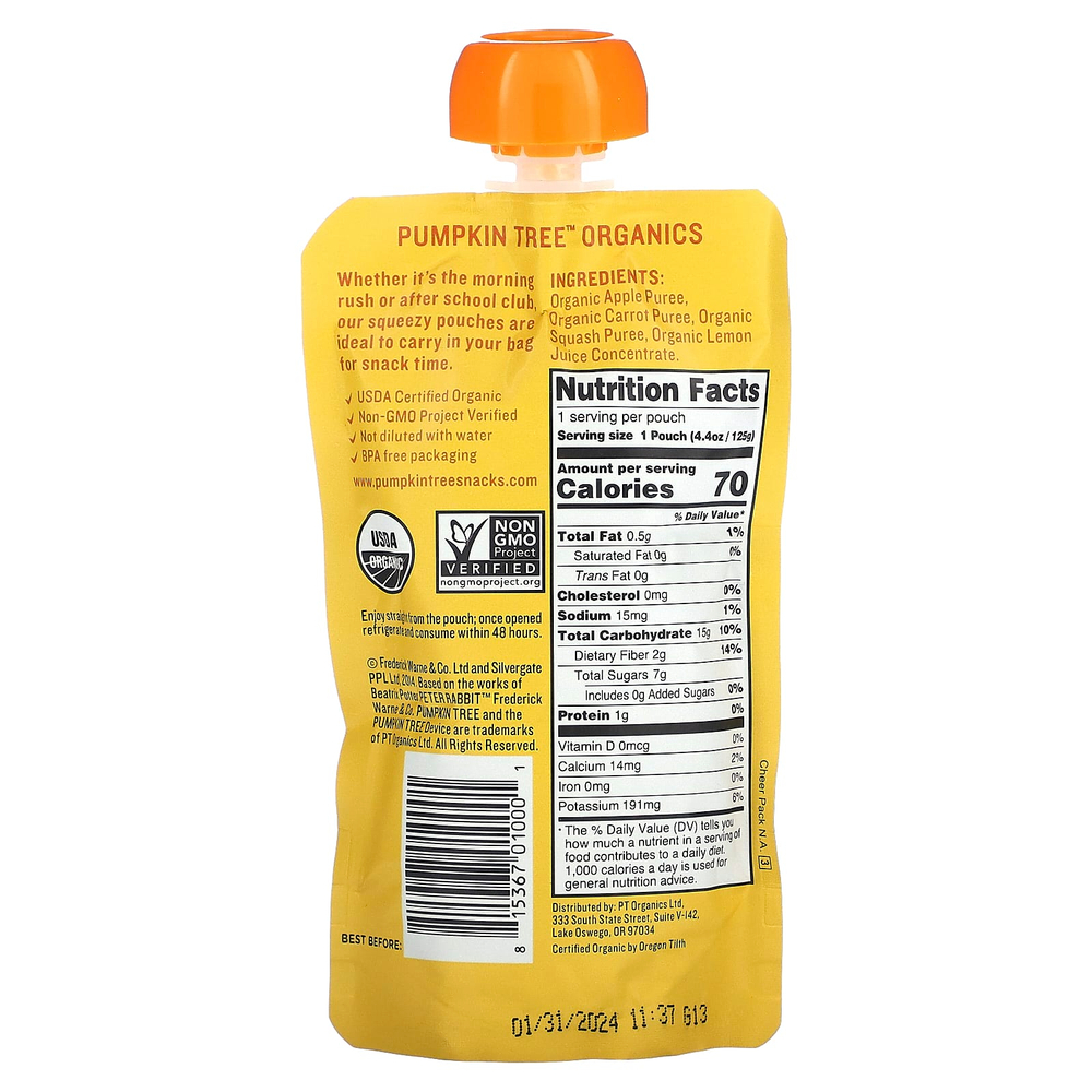 Pumpkin Tree Organics, Peter Rabbit Organics, органическое фруктовое и овощное пюре, яблоко, морковь и тыква, 125 г (4,4 унции)