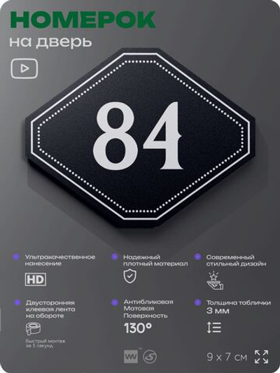Номерок на дверь квартиры 84, для кабинета, офиса, шильдик 9 х 7 см, черный, Айдентика Технолоджи