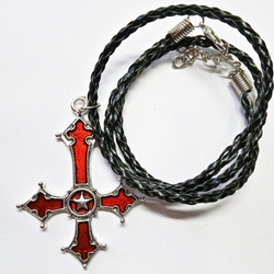Кулон "Крест перевернутый" (54х40мм) красный на шнурке 50см. Бижутерия. Неформальное украшение.