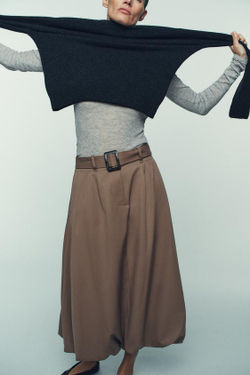 ZARA ЮБКА-БАЛЛОН МИДИ С ПОЯСОМ, РЫЖЕВАТО-КОРИЧНЕВЫЙ
