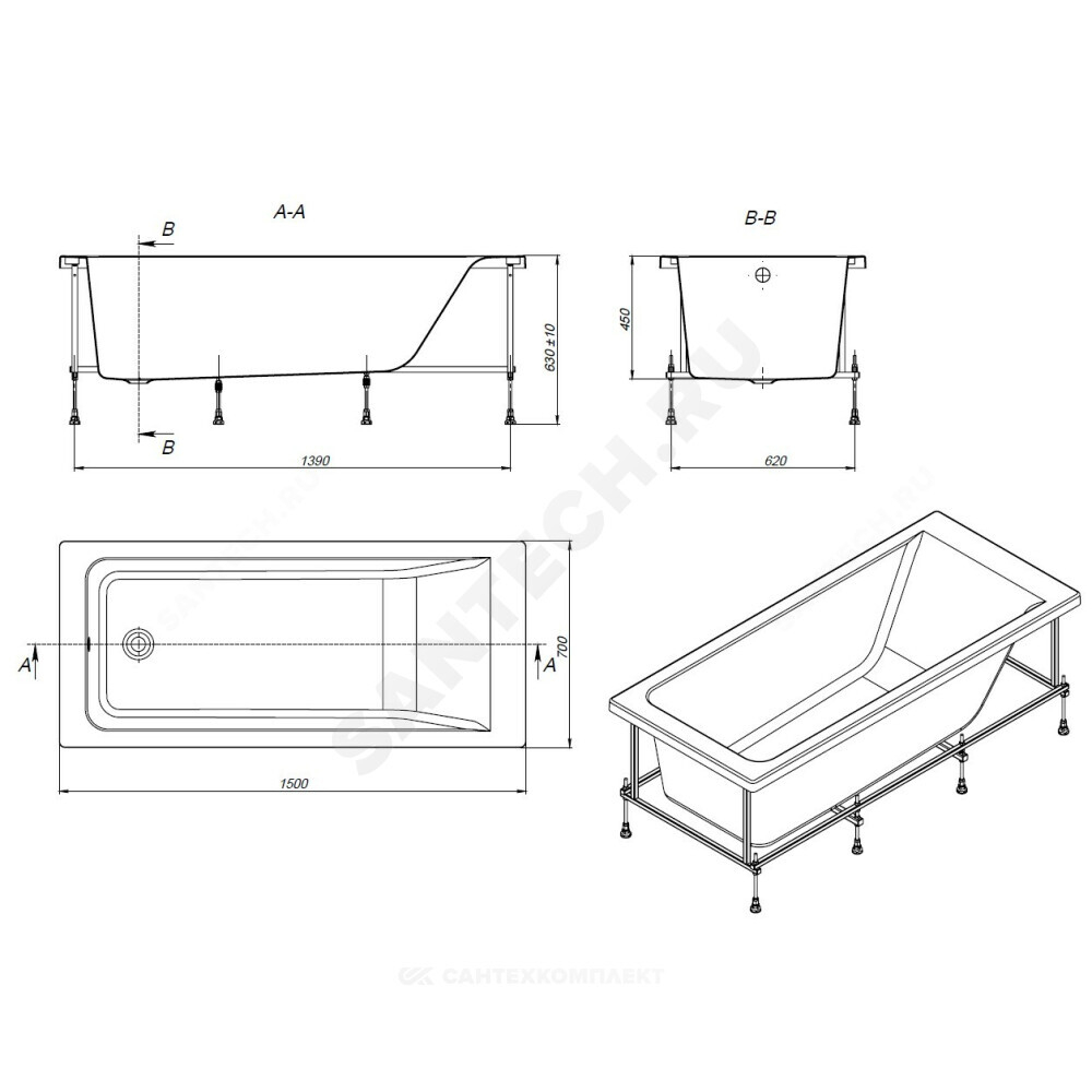 Ванна акриловая Easy 150х70см без ножек Roca ZRU9302904
