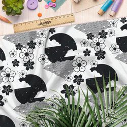 Ткань габардин чёрно-белые японские декорации