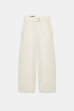 ZARA БРЮКИ BAGGY С ПОЯСОМ, ЭКРЮ