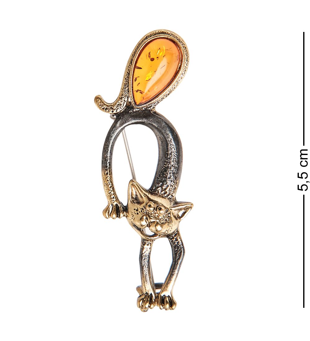 AM- 907 Брошь «Кот ленивый» (латунь, янтарь)