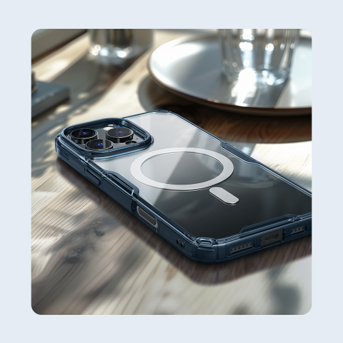 Прозрачный усиленный чехол с синими рамками от Nillkin с поддержкой MagSafe для iPhone 16 Pro Max, серия Nature TPU Pro Magnetic Case