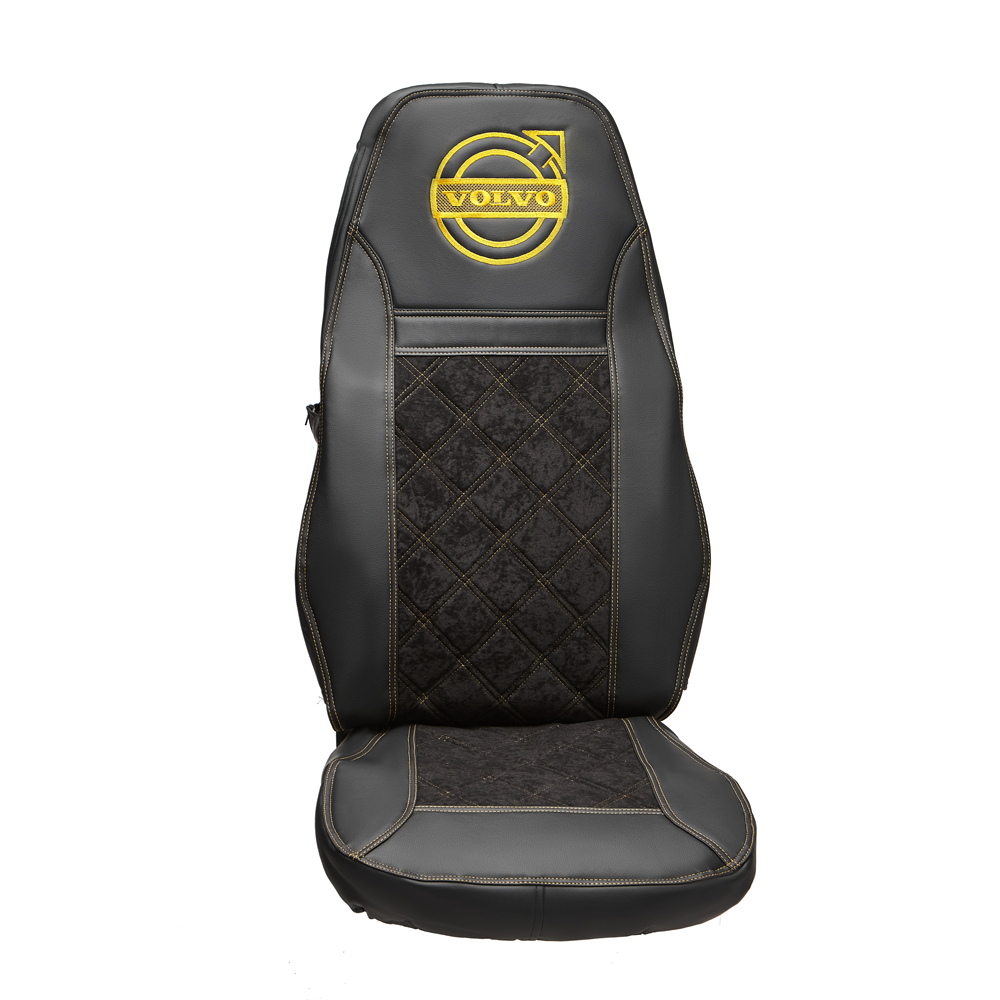 Чехлы VOLVO FM после 2008 года: 2 высоких сиденья, ремень у водителя из сиденья, у пассажира - от стоек кабины (один вырез на чехлах) (экокожа, черный, желтая вставка)
