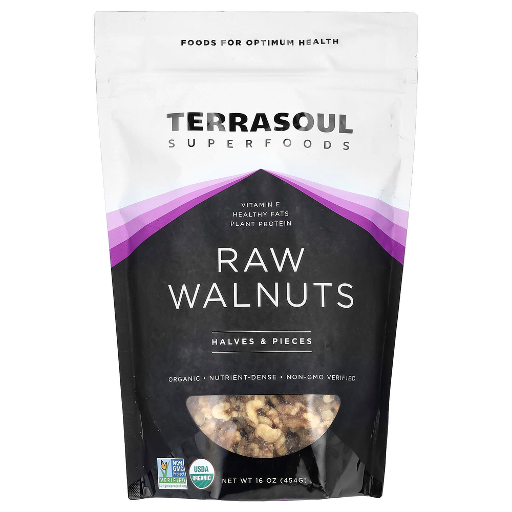 Terrasoul Superfoods, необработанные грецкие орехи, половинки и кусочки, 454 г (16 унций)