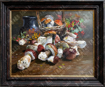 Плотников В. В. Натюрморт с белыми грибами и брусникой. Холст, масло. 2022 г.