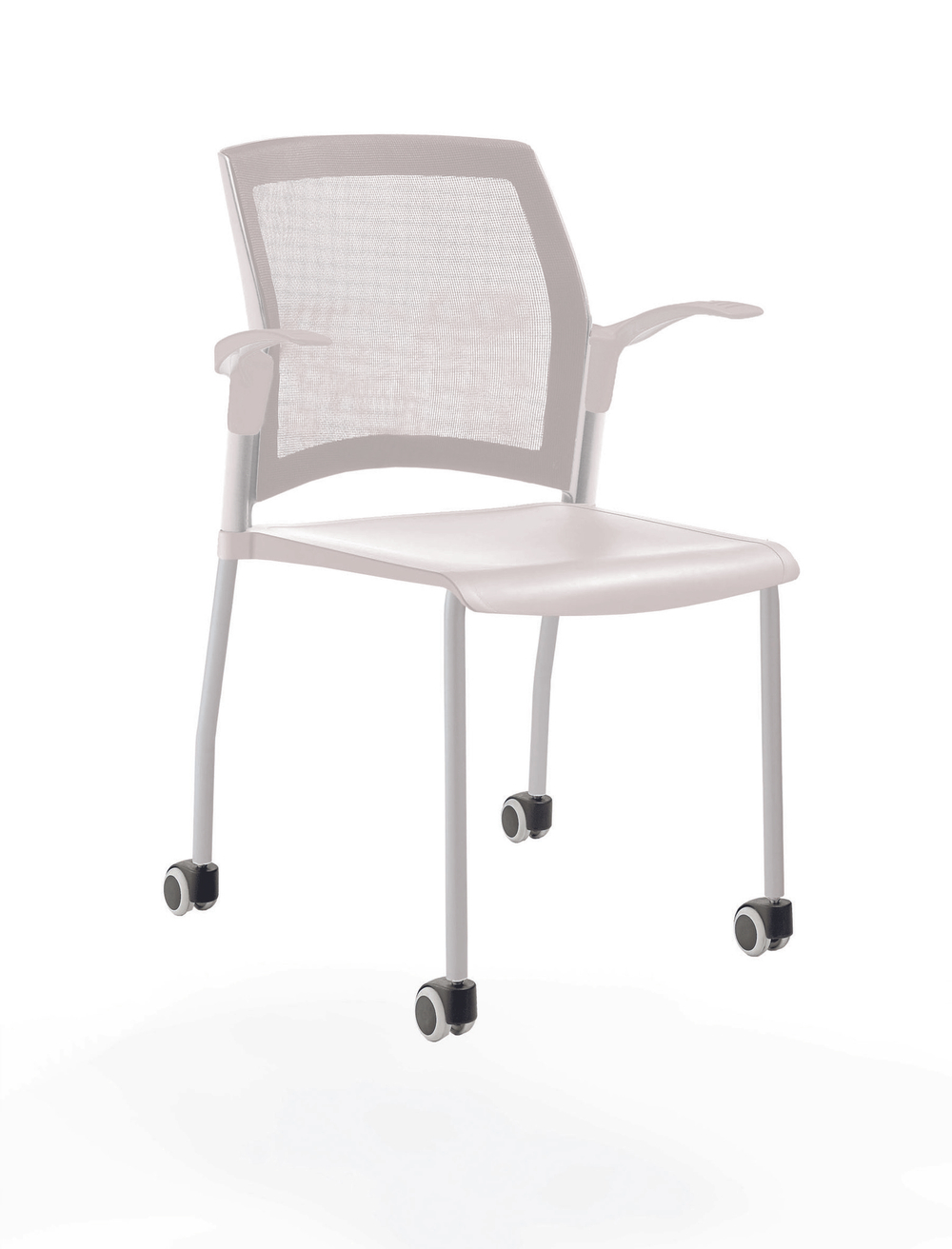 стул Rewind на 4 ногах и колесах, каркас серый, пластик белый, с открытыми подлокотниками, спинка-сетка