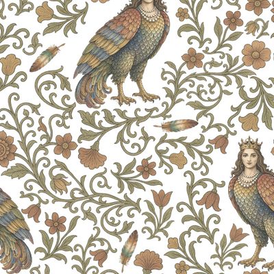 Птица сирин с цветами, винтажный сказочный стиль