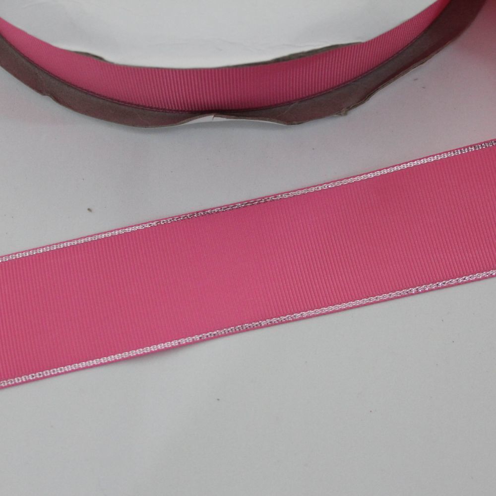 `Лента репсовая однотонная с металл. кромкой(серебро) 38 мм, цвет: 156 розовый