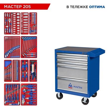 Цена на МАСТАК (52-05205B) Набор инструментов 205 предметов, "МАСТЕР 205", в синей тележке