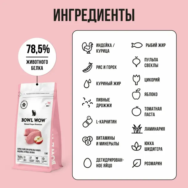 Уценка! Повр.упак./ Сухой корм BOWL WOW для взрослых кошек с индейкой и яблоком