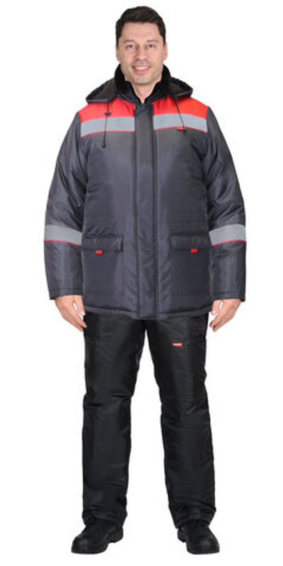 Куртка "БРИГАДИР" зим. муж. с капюшоном т-серая с красным тк.Оксфорд - ПОД ЗАКАЗ