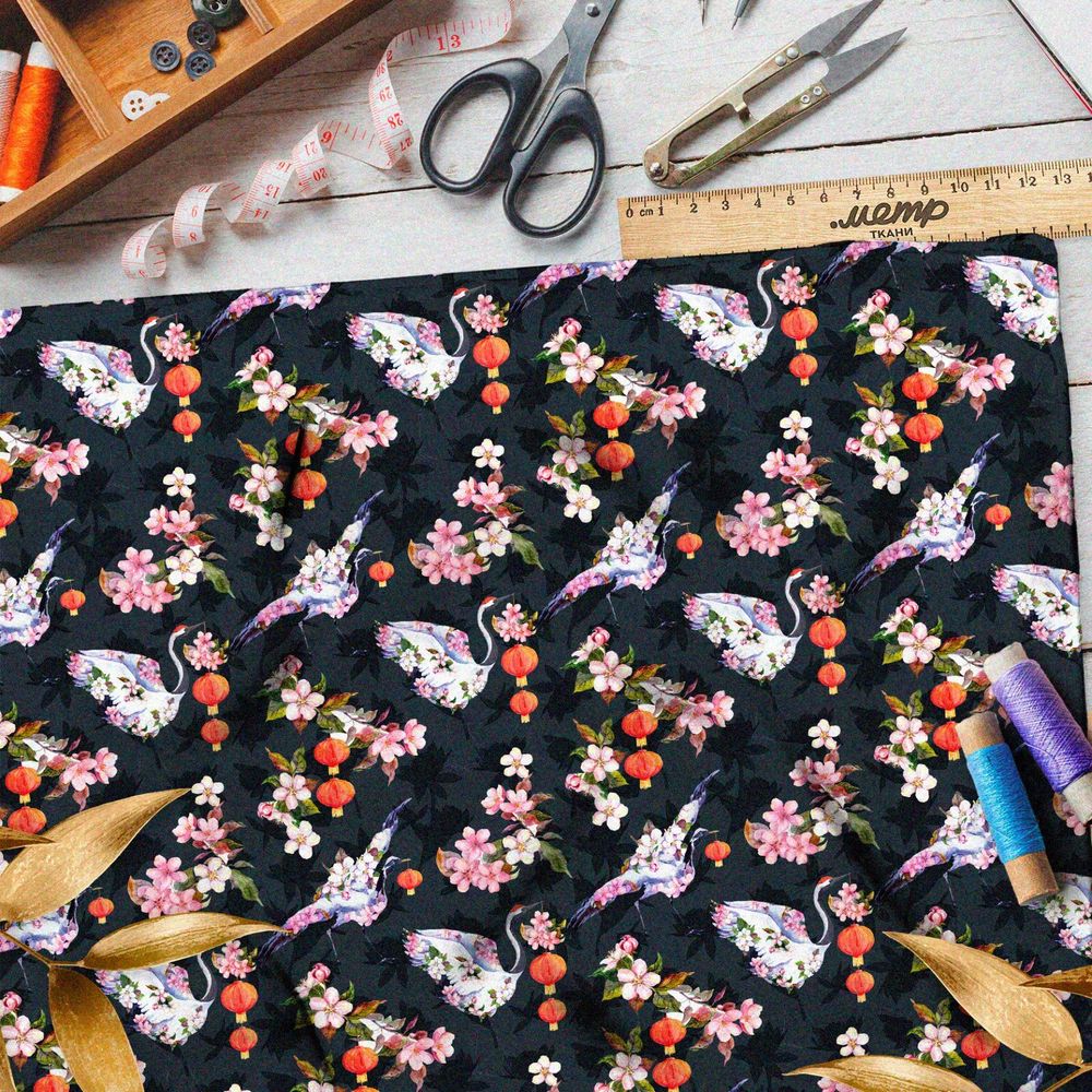 Ткань флис цветущие цапли и белые грибы