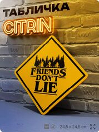 Табличка декоративная "Друзья не лгут, Friends don't lie" из сериала Очень Странные Дела, на дверь и стену, прикольная штука в подарок фанату, знак ЦИТРИН, 24,5х24,5 см, Айдентика Технолоджи