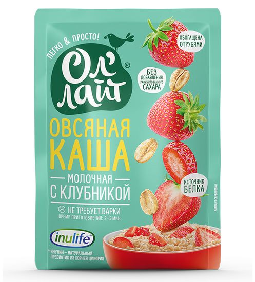 Овсяная молочная каша быстрого приготовления "Ол`Лайт" с клубникой, 40г.  (шоубокс 22шт)